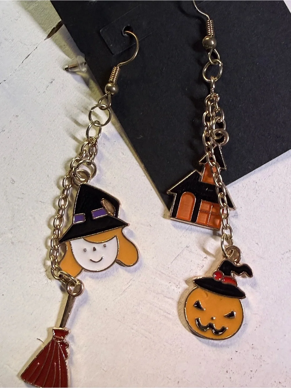 Halloween Mismatched Enamel Charm Earrings | Witch Broom Haunted House Pumpkin